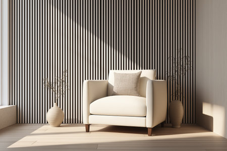 A contemporary stylish room featuring a comfortable white armchair against a striking black vertical slat wall. Minimalist decor with natural light and wooden floors.の素材