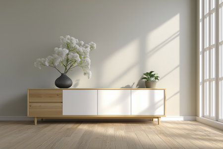 A serene, sunny room with a minimalist wooden and white sideboard. This contemporary design, with its simple plant and flower decor, embodies Japandi style.の素材