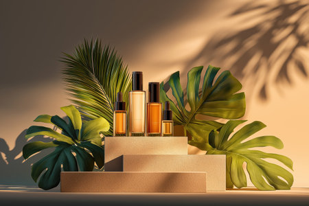 A sophisticated arrangement of cosmetic bottles on a stone podium. The contemporary design is enhanced by the dramatic shadows of tropical palm leaves.の素材