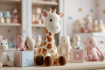 An adorable stuffed giraffe toy sits in a sweet, contemporary nursery. The room features a soft, pastel color palette and cute decor for a modern child's room.の素材