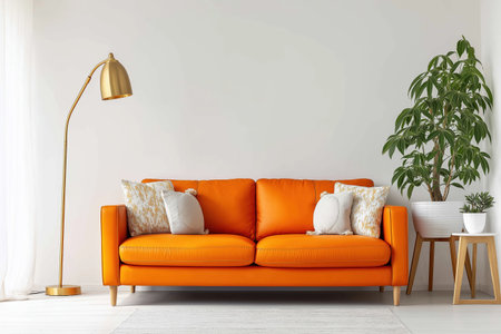 A chic and bright contemporary living space featuring a bold orange sofa. The minimalist decor is accented by a modern gold floor lamp and a green houseplant.の素材