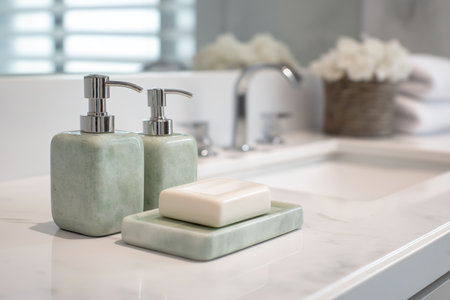 A close-up of a contemporary bathroom vanity with a white countertop. The decor includes stylish sage green soap dispensers and a bar of soap on a marble tray.の素材