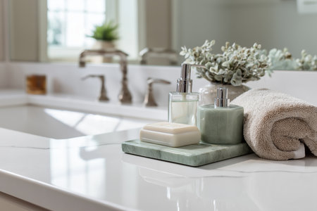 A serene contemporary bathroom scene with a focus on spa accessories. A marble tray holds a soap bar, dispensers, and a soft towel on a white countertop.の素材