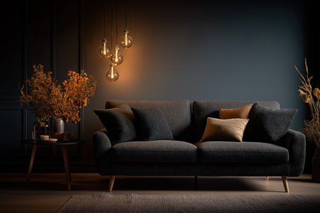 A sophisticated dark gray sofa sits in a moody, low-light living room. The contemporary design is accented with warm pendant lights and dried floral decor.の素材