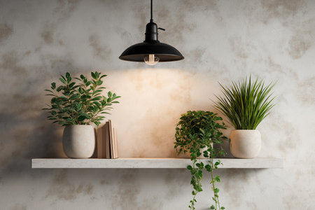 A floating shelf with a collection of houseplants under a black industrial pendant lamp. The contemporary design contrasts nicely with a textured concrete wall.の素材