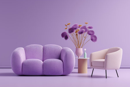 A surreal and artistic living room in shades of purple. This contemporary design features a unique textured sofa, a minimalist armchair, and whimsical decor.の素材