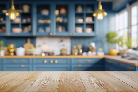 A clean wooden table provides the perfect foreground for a blurred background of a classic, modern kitchen with blue cabinets and warm, ambient lighting.の素材