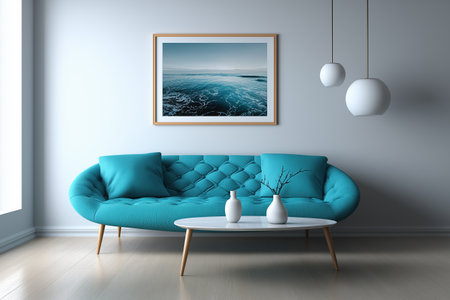 A sleek, tufted blue sofa is the centerpiece of a minimalist living room. The contemporary design includes a framed photograph of a seascape and modern lighting.の素材