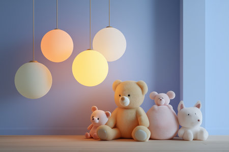 A charming nursery scene with cute teddy bears on the floor. The contemporary design is illuminated by warm, glowing globe-shaped pendant lights.の素材