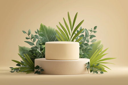 A minimalist podium for cosmetic or product display, beautifully decorated with a variety of fresh green leaves. A clean and organic contemporary design.の素材