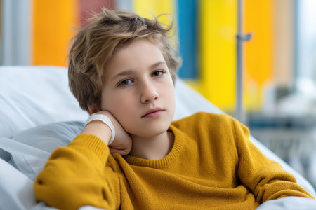A portrait of a blond boy in a yellow sweater, resting his head on his hand in a hospital bed, being treated as a patient for a child heart problem.の素材