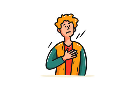 A boy with curly blond hair and a weary expression holds his chest, lines indicating he feels unwell or shaky from a child heart problem symptom.の素材