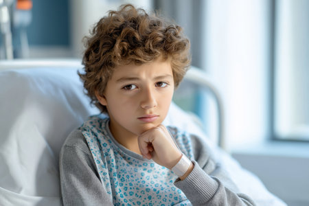 A pensive young boy with curly hair and a hospital wristband sits in a hospital bed, being treated as a patient for a child heart problem or other illness.の素材