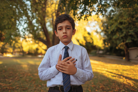 A young boy in a school uniform stands seriously in a park with golden autumn leaves, his hands clasped over his chest due to an emotional or physical heartache.の素材