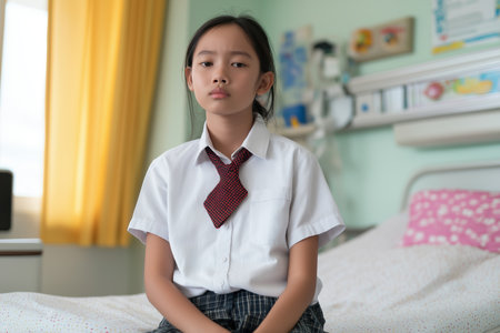 A portrait of a young Asian girl in a school uniform sitting alone on a hospital bed, waiting for a doctor. A patient being treated for a child disease.の素材