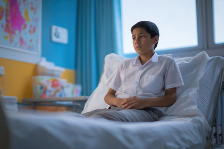 A thoughtful young boy in a school uniform sits alone in a hospital bed, looking sad while being treated for a serious childhood illness or heart disease.の素材