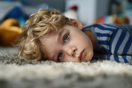 A beautiful boy with a heart disease rests peacefully on a carpet. A quiet moment reflecting the life of a child with a chronic health problem at home.の素材