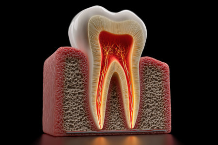 A cross-section of a molar focusing tooth on the glowing red pulp chamber, which contains the vital nerves and blood vessels that keep the tooth alive.の素材