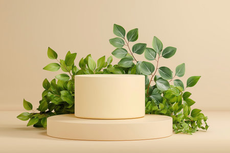 A contemporary product display stage for natural cosmetics. A beige cylinder podium is surrounded by vibrant green leaves, creating a fresh and organic background.の素材