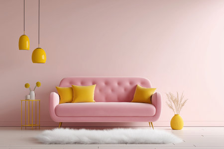 A sweet and contemporary design for a vibrant living space. This modern interior decor uses a playful color combination of pink and yellow for a fun, stylish look.の素材