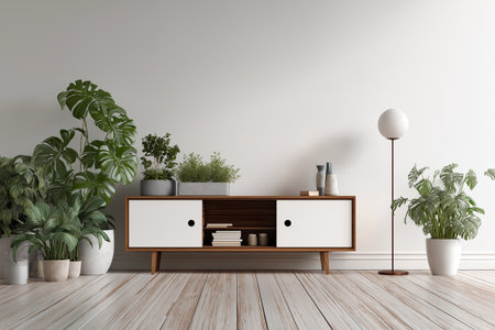A fresh and contemporary design with a biophilic touch. This modern interior showcases a stylish console and a variety of plants, creating a personal home jungle decor.の素材