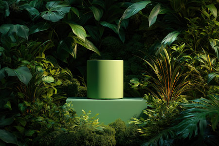 A mysterious and contemporary product display stage set in a dark, nocturnal jungle. A green cylinder podium is highlighted amidst lush tropical foliage.の素材