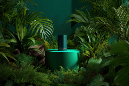 A sophisticated product display stage for luxury or natural items. A dark green cylinder podium stands in a mysterious, dense jungle of tropical plants at night.の素材