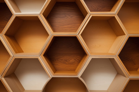 A close-up of modern honeycomb-shaped wooden shelves, creating a geometric and textured background. This is a unique and contemporary decor element for any interior.の素材