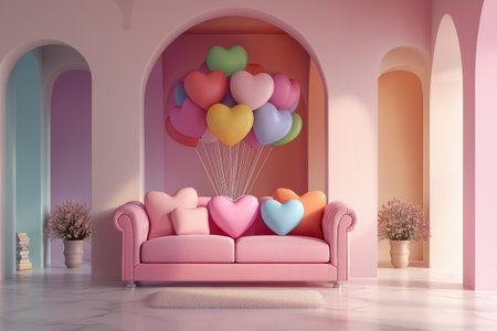 A romantic and contemporary design for a celebration of love. This modern interior is filled with colorful hearts and soft textures for a dreamy, playful decor.の素材