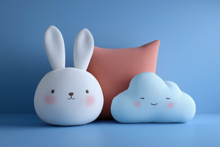 A minimalist and charming scene for a modern nursery. Soft, plush pillows shaped like a cute bunny head and a smiling cloud create a sweet and simple decor.の素材