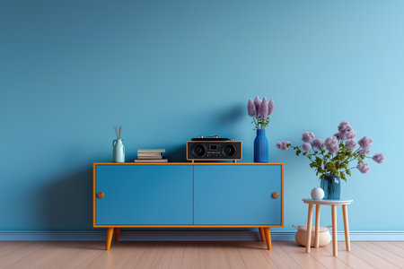 A charming modern interior with a touch of retro style. A bright blue sideboard holds a vintage radio, books, and vases of lilacs against a soft blue wall.の素材