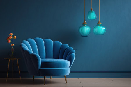 A sophisticated and contemporary design for a chic living space. This modern interior highlights an art deco-inspired armchair and stylish lighting for a moody decor.の素材