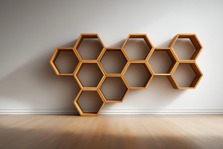 An abstract and contemporary design featuring an architectural wooden shelf. This modern interior decor uses a geometric honeycomb structure as a piece of wall art.の素材