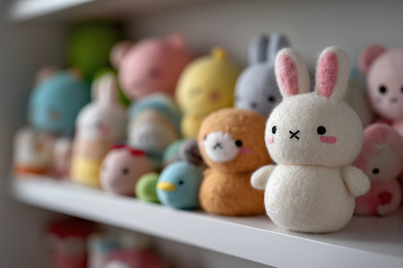 A charming and contemporary design for a nursery shelf. This modern interior decor features an adorable handmade bunny in focus, with other colorful toys blurred behind.の素材