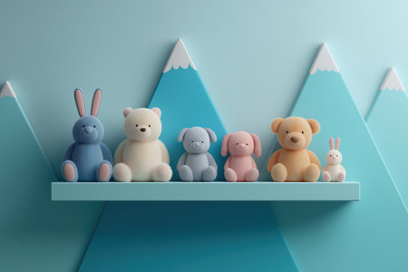 A charming and contemporary design for a nursery or adventure-themed playroom. This modern interior decor showcases adorable plush toys in a fun, mountain setting.の素材