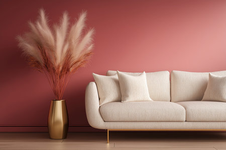 A chic and contemporary design for a living area. This modern interior showcases a stylish sofa with cushions and a golden vase for a touch of elegant decor.の素材
