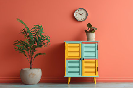 A unique color-blocked cabinet in turquoise and yellow stands against a solid coral pink wall. A potted palm adds a touch of green to this vibrant, modern decor.の素材