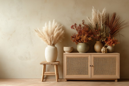 A warm and contemporary design with an earthy, bohemian flair. This modern interior decor uses dried botanicals and natural materials for a cozy, stylish look.の素材