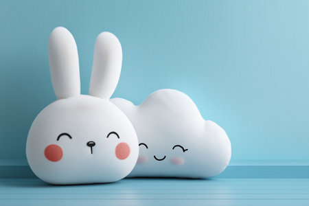 A sweet and contemporary design for a nursery or playroom. This modern interior decor features two adorable, smiling plush toys, perfect for a cheerful, simple look.の素材