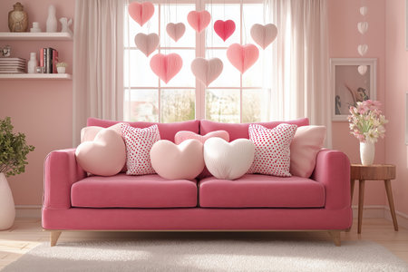 A lovely pink sofa decorated with heart-shaped pillows sits in a contemporary room with pink walls. Paper heart garlands hang in the window for a romantic touch.の素材