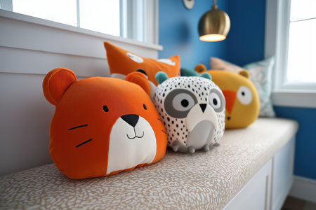 A charming and contemporary design for a cozy kids' reading nook. This modern interior decor showcases a group of adorable and colorful stuffed animal cushions.の素材