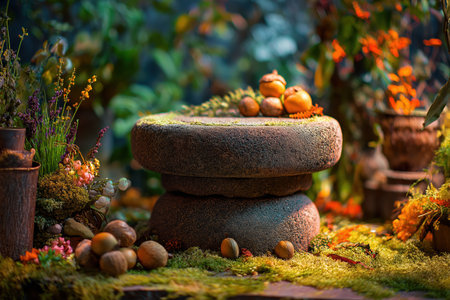 A whimsical and contemporary design concept for a fantasy-themed decor. This modern and magical still life features a tiny, detailed forest scene with a warm glow.の素材