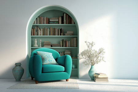 A comfortable teal armchair sits by an arched recessed bookshelf in a bright, contemporary interior. Vases and dried flowers add to the serene, modern decor.の素材
