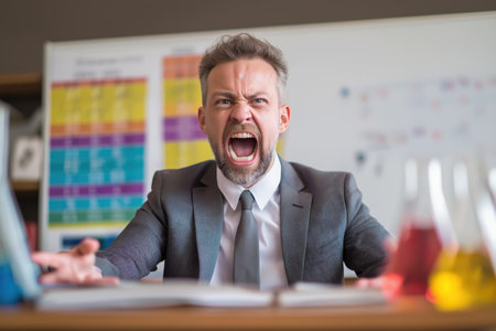A furious, bearded man in a suit and tie, possibly a teacher or scientist, is yelling with rage at his desk in a classroom or laboratory setting.の素材
