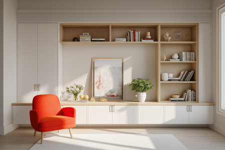 A bright contemporary design for a study or living area. A vibrant red armchair adds a pop of color to a room with extensive built-in wooden and white shelving.の素材