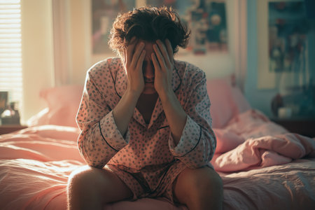 A young man with messy hair, wearing pajamas, sits on the edge of his bed with his head in his hands, appearing stressed, anxious, or suffering from insomnia.の素材