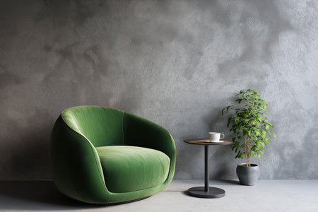 A sophisticated contemporary design featuring a deep green, curved armchair. The luxurious velvet furniture is set against a dark, textured industrial-style wall.の素材