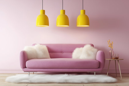 A vibrant contemporary design featuring a soft pink sofa with fluffy pillows. Three bright yellow pendant lamps hang above, adding a playful touch to the pink room.の素材
