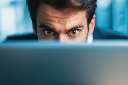 A close-up of a man's face, partially obscured by a laptop screen, showing his intense, wide eyes staring with focus, shock, or determination at his work.の素材