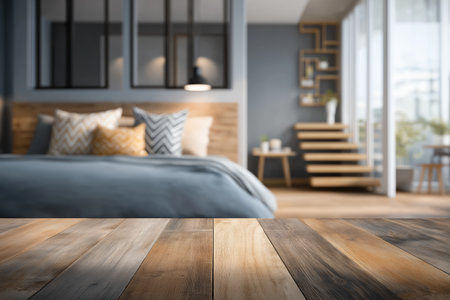 A textured wooden table in the foreground provides a product display area, with a stylishly blurred contemporary bedroom featuring blue and yellow decor behind it.の素材